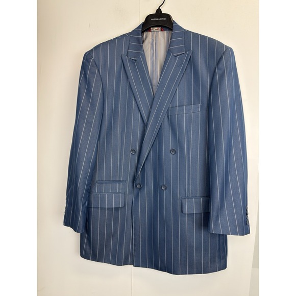 Caravelli 2 Pc Blue Pinstripe Mens 42R Blazer Suit Jacket & Vest Double Breasted - Picture 2 of 13